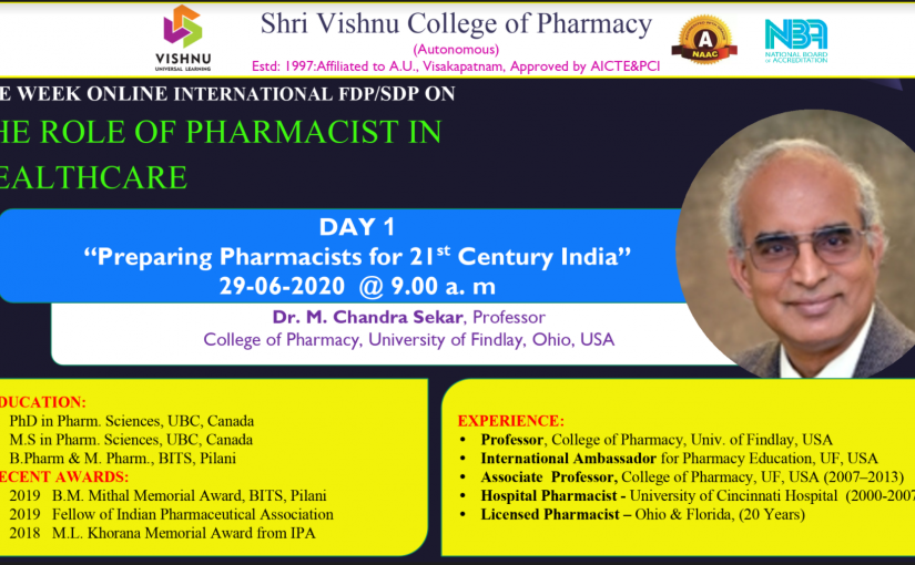 One-Week Online International FDP / SDP -3  Role of Pharmacist in Healthcare : 29th June – 4th July 2020